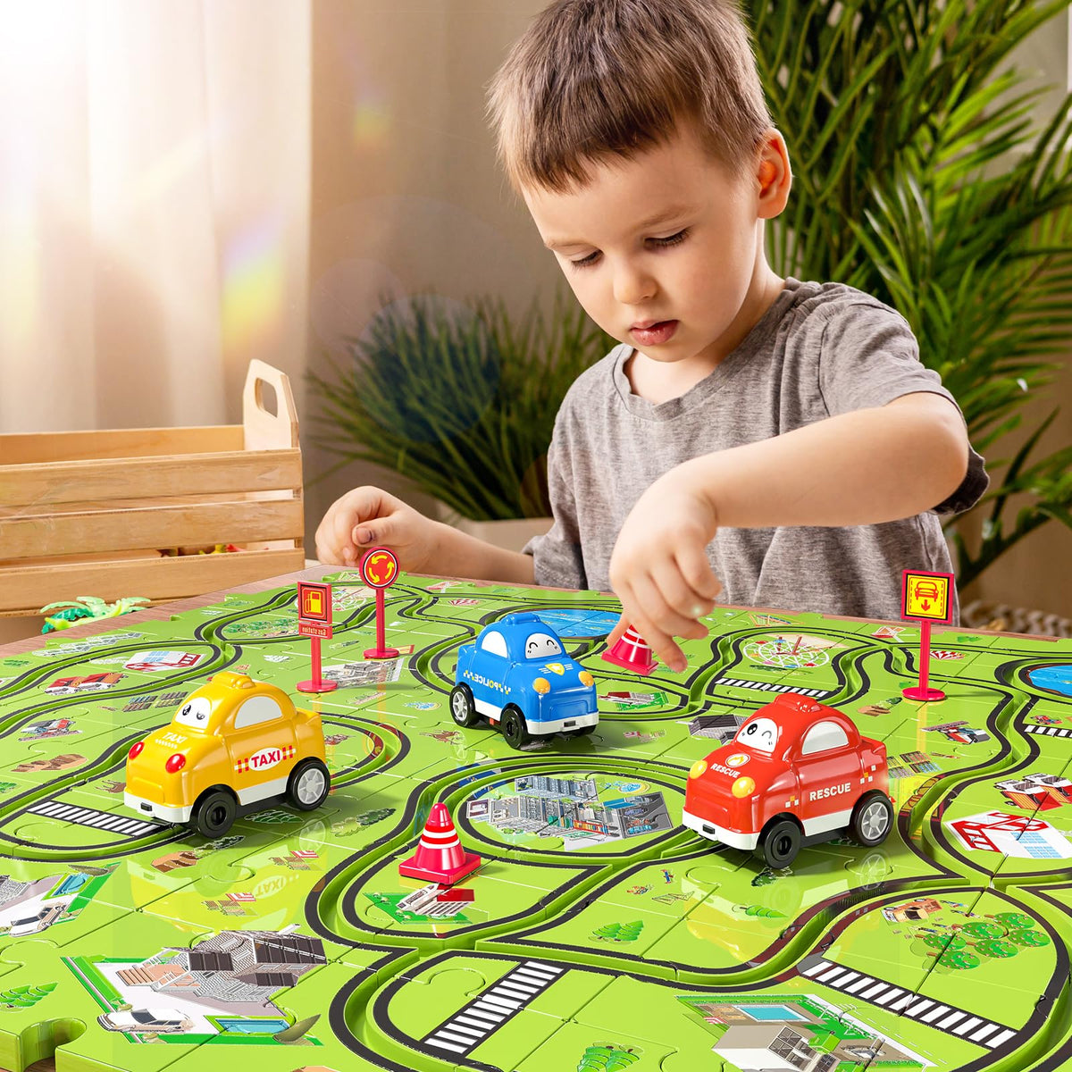 Sliding cars navigate the track for imaginative city racing.
