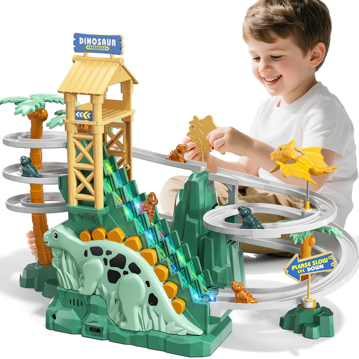 JUKUDAHU dinosaur climbing slide toy with colorful tracks encourages imaginative play.