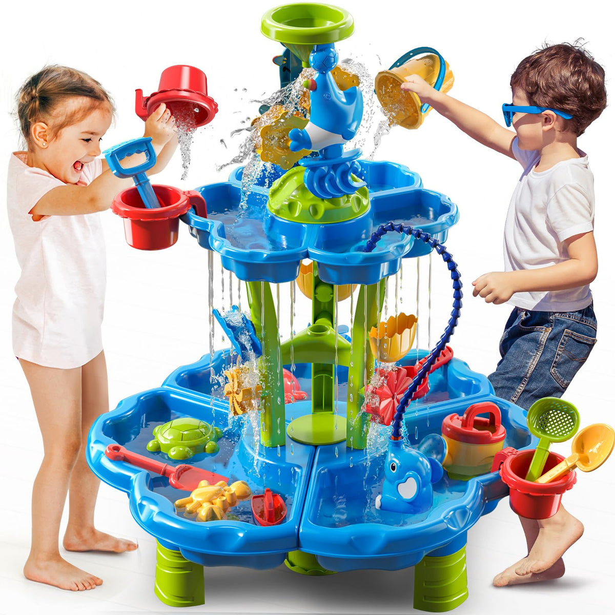 JUKUDAHU water table play area with colorful accessories for outdoor sensory fun.