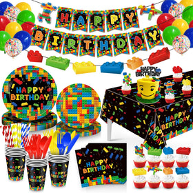 Julyshy building block banner enhances the party theme with bright colors.