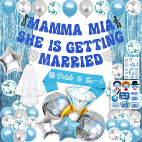 Julyshy Mamma Mia blue glitter banner for stylish bachelorette entrance.