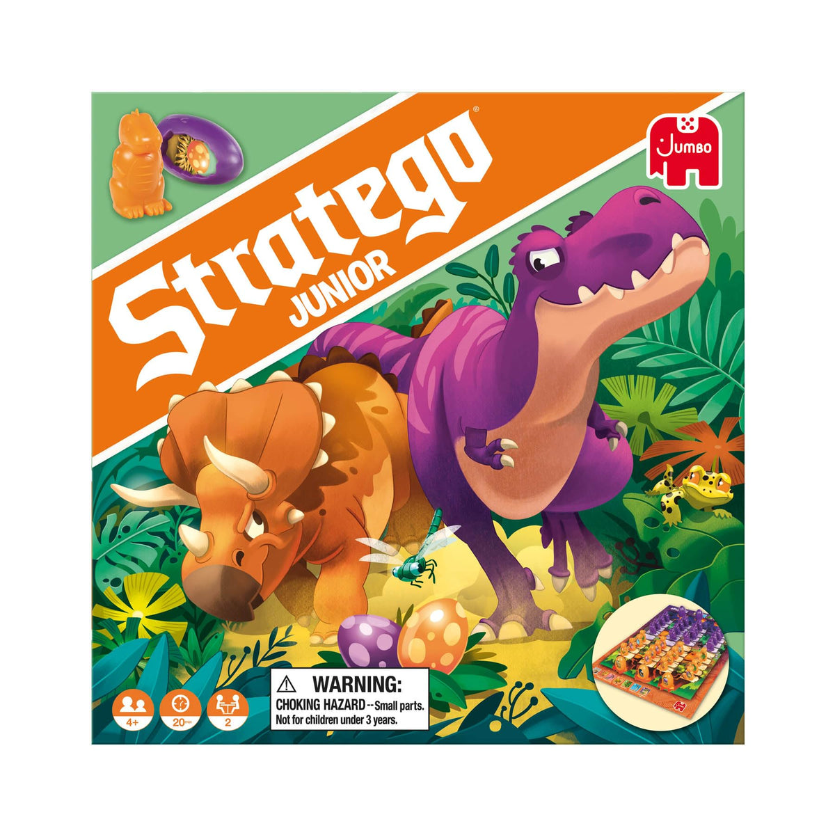 Jumbo Stratego Junior Dinos compact box for easy storage and family play.