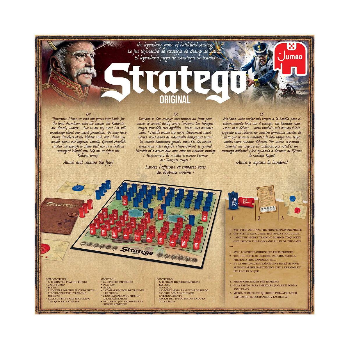 Jumbo Stratego Original game box shown with contents and setup ideas.