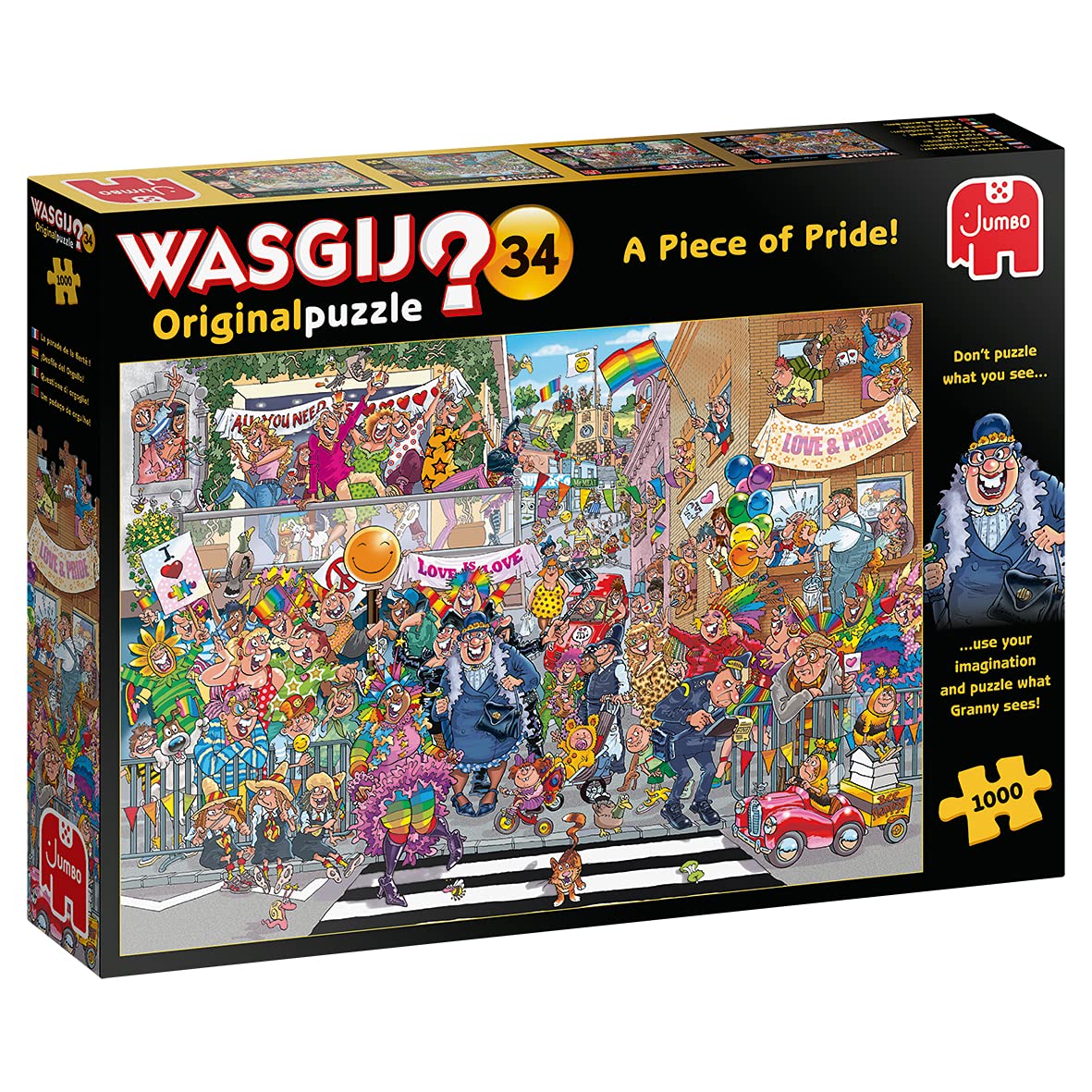 Jumbo Wasgij Retro Original 34 box front, mystery concept teaser for adults