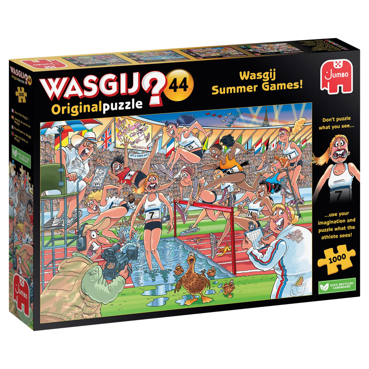 Jumbo Wasgij Summer Games box art shows a vibrant 1000-piece challenge for enthusiasts.
