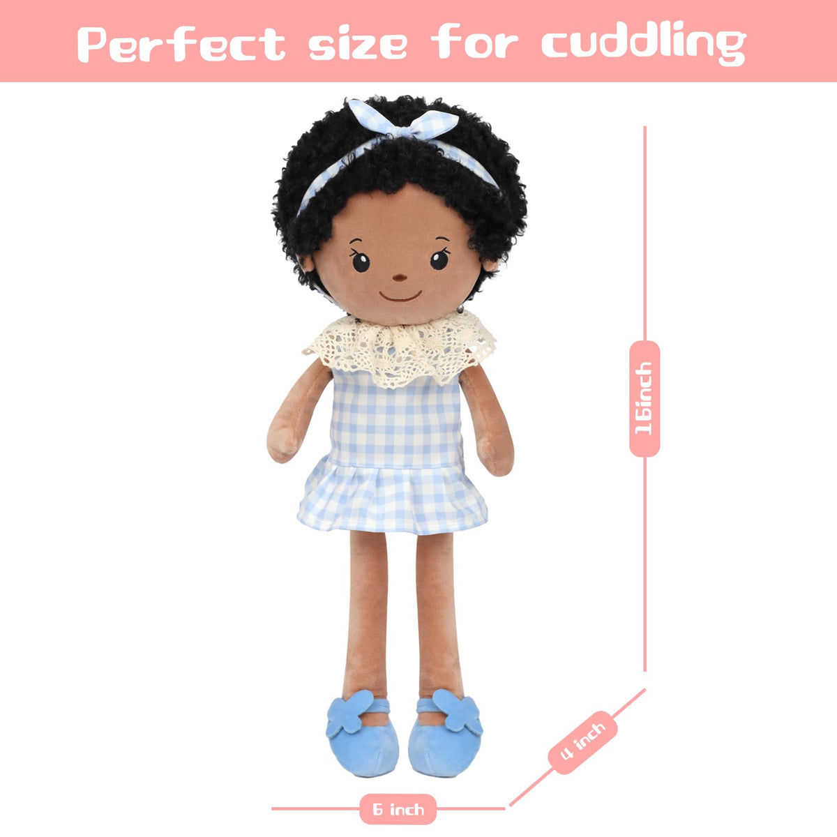 Jumbrace doll in blue gingham dress showcases vintage charm for pretend play.