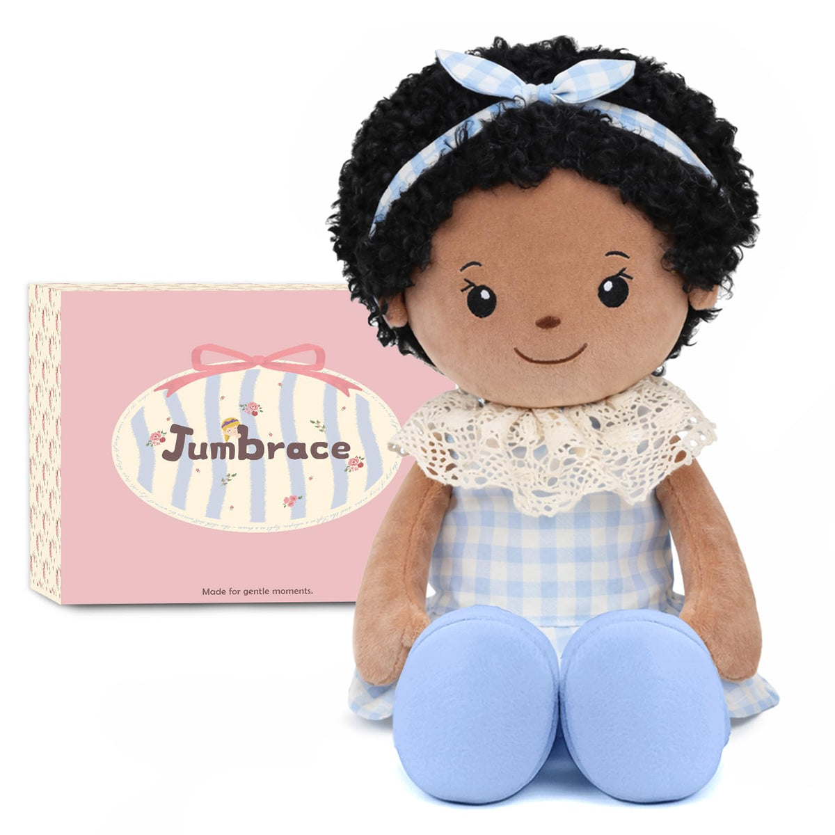 Jumbrace soft baby doll with crown curls invites imaginative play and cozy hugs.
