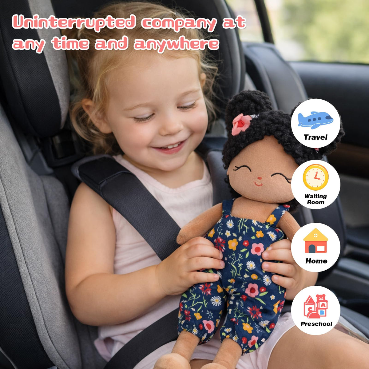 Jumbrace Soft Black Baby Doll in a hugging pose for easy handling