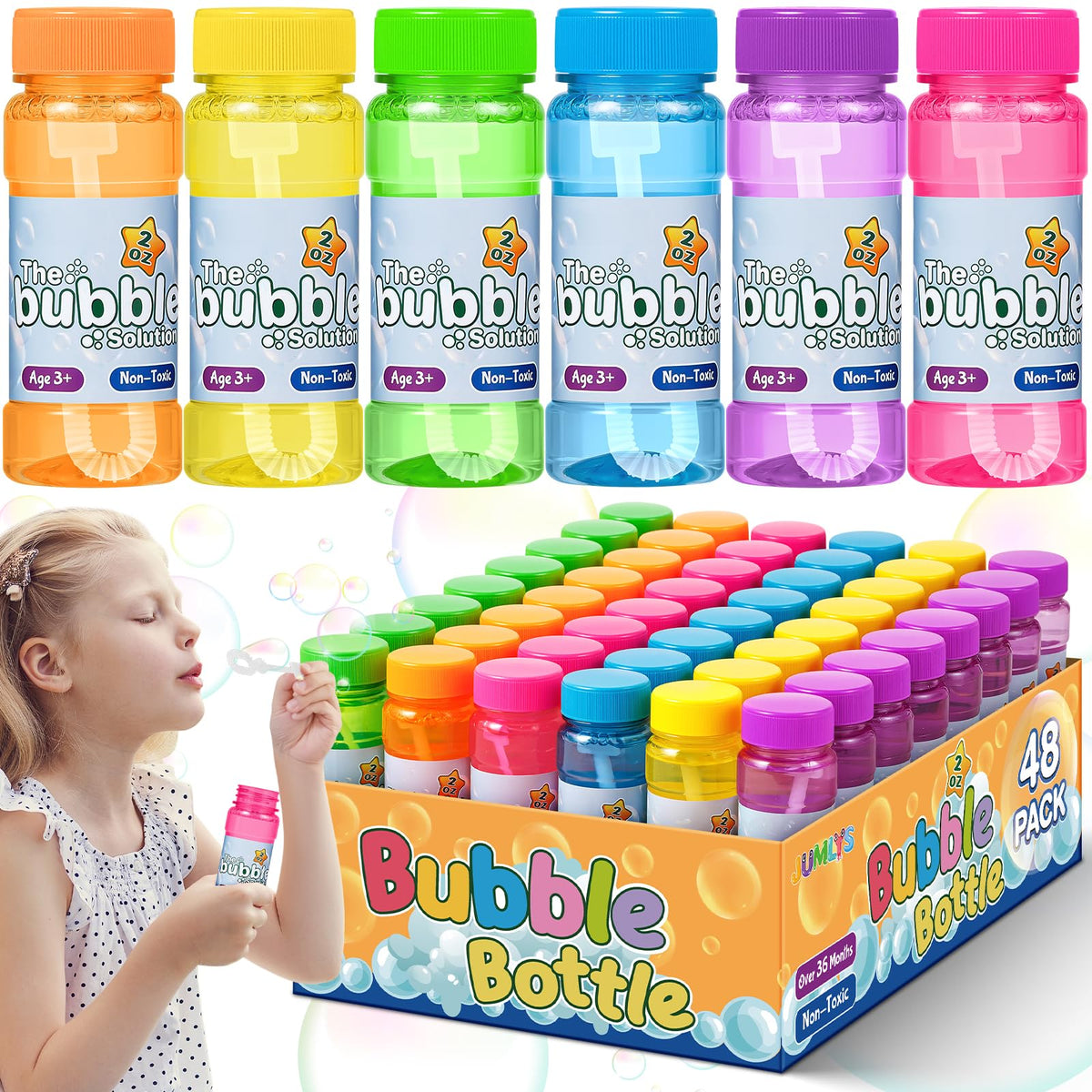Jumlys 48-pack bubble bottles with wand blue for party favors and kid-approved fun.