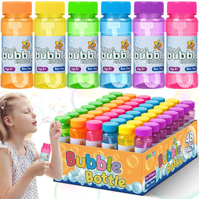 Jumlys 48-pack bubble bottles with wand blue for party favors and kid-approved fun.