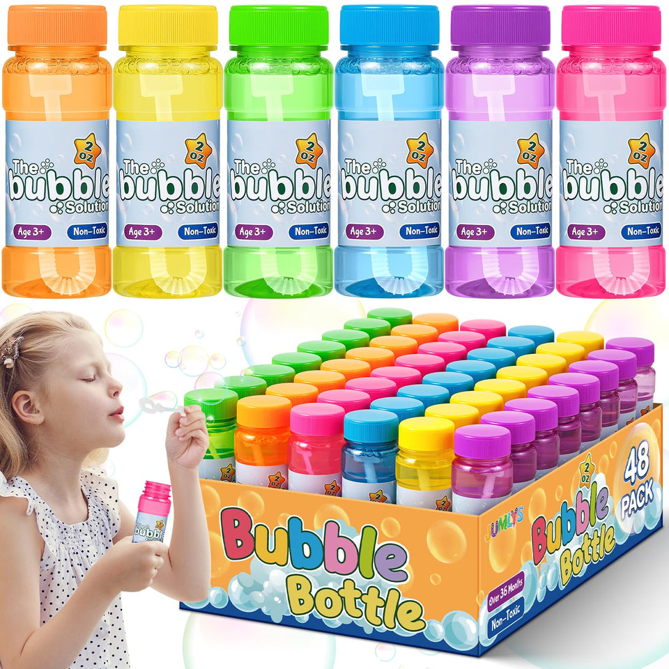 Jumlys 48-pack bubble bottles with wand blue for party favors and kid-approved fun.