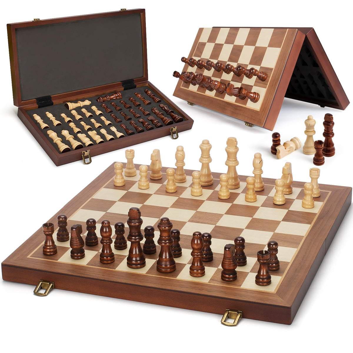 Jumlys magnetic wooden chess board folding for travel and storage