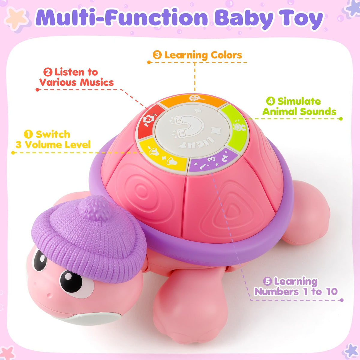 Jumlys musical turtle baby crawling behind mother for engaging chase play.