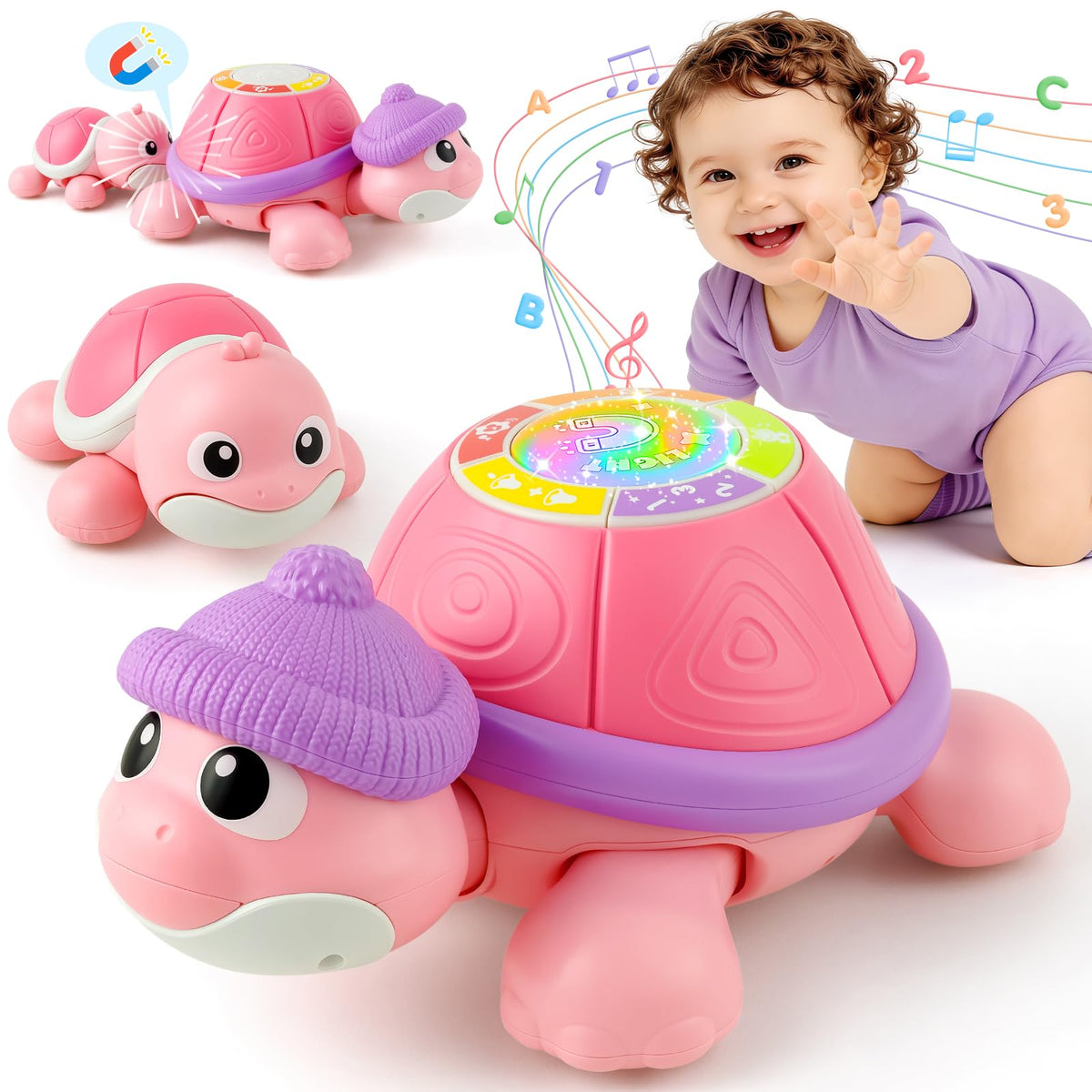 Jumlys musical turtle mother crawling to encourage tummy time exploration.