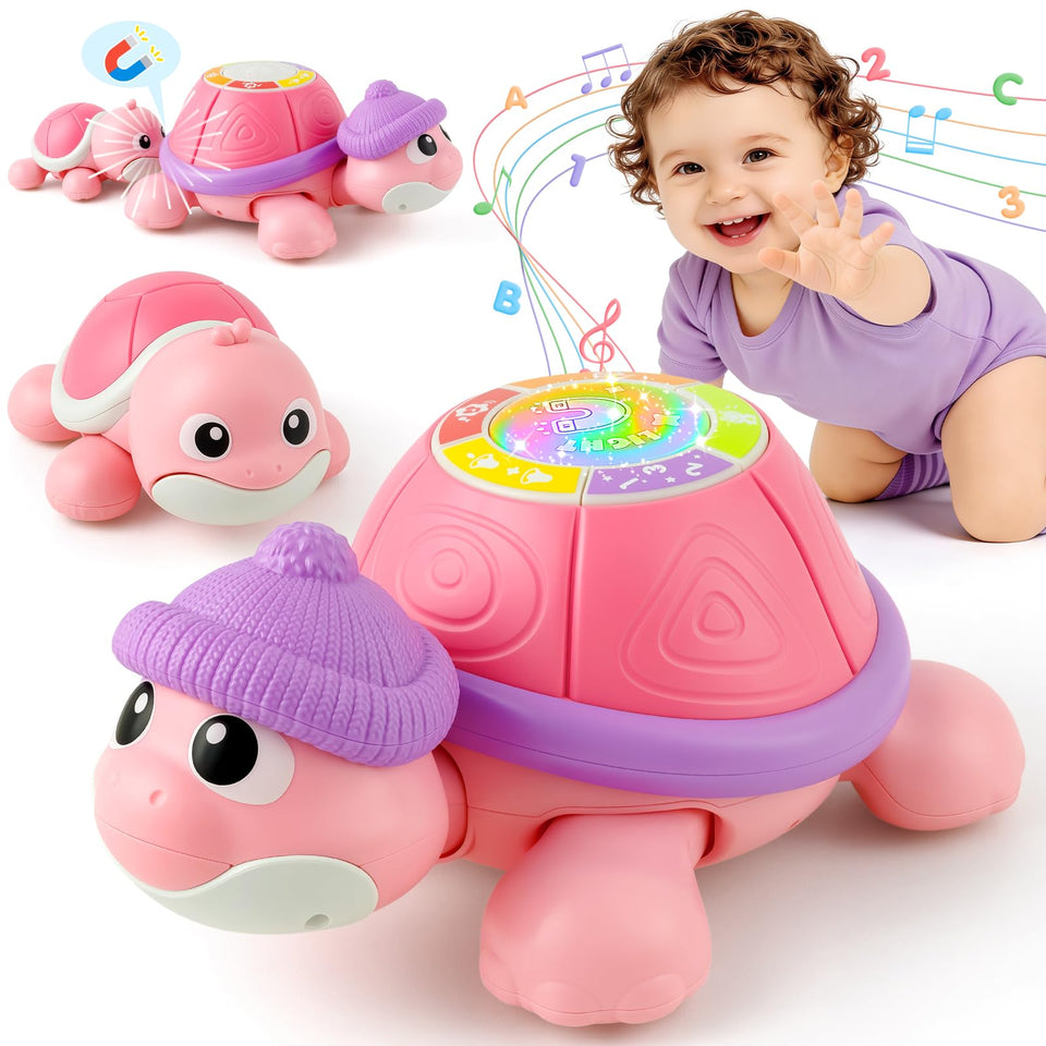 Jumlys musical turtle mother crawling to encourage tummy time exploration.
