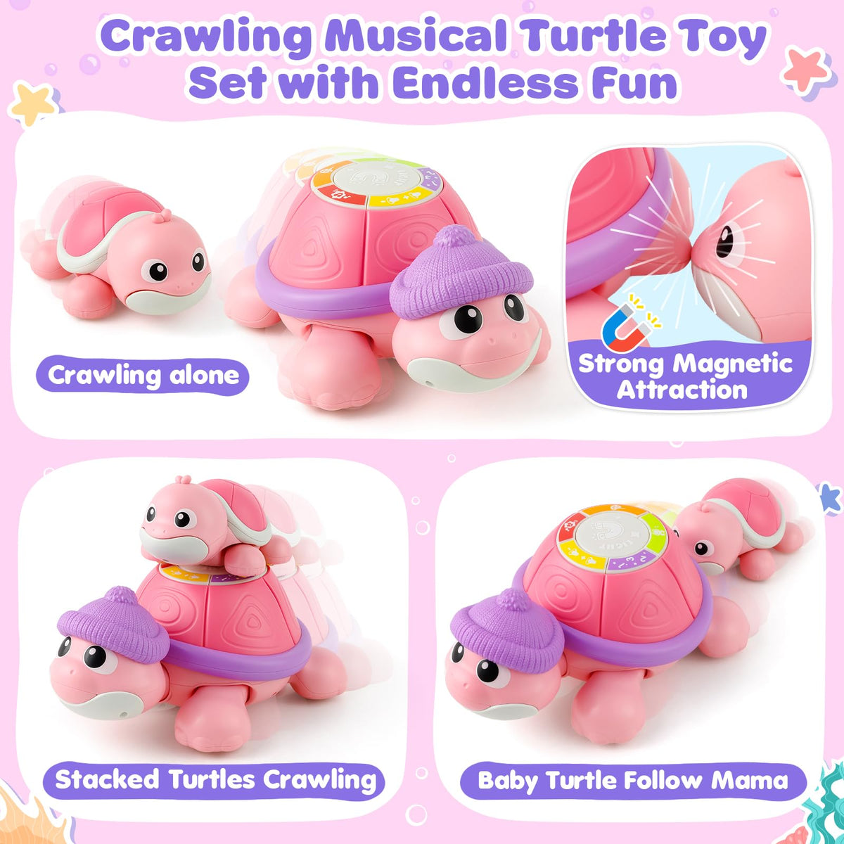 Jumlys turtles with magnetic attachment enable interactive parent-child play.