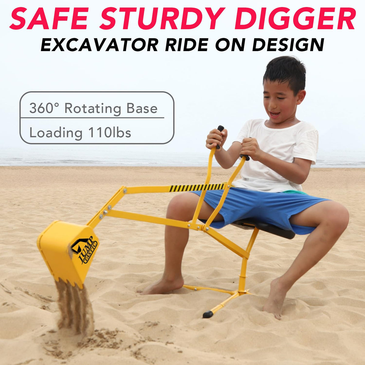 Jump Tastic Sand Digger 360-rotating-base enables realistic digging rotations for kids.