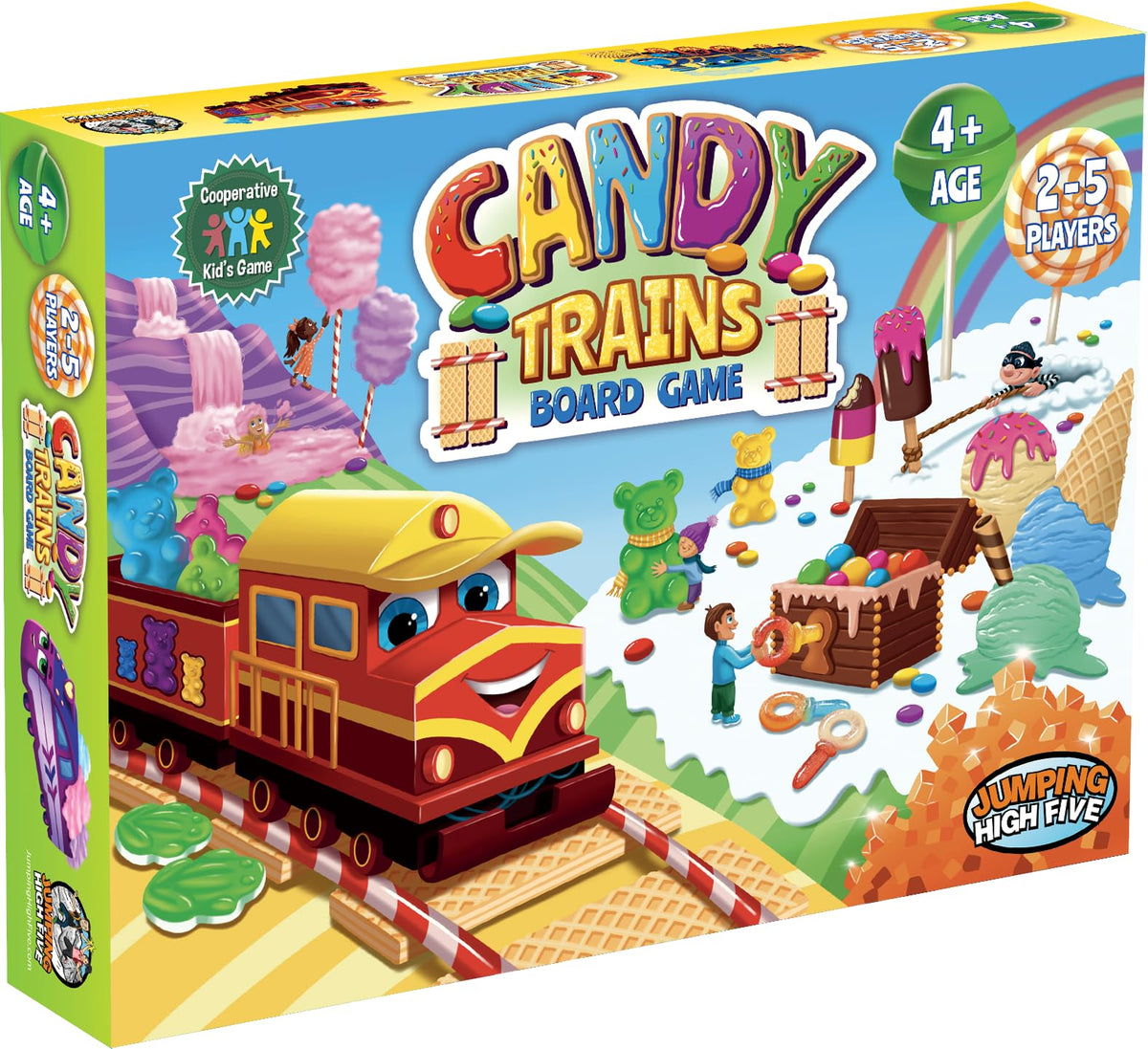 Jumping High Five Candy Trains game cover inviting family game night