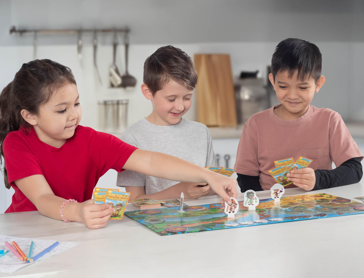 Jumping High Five cooperative play scene shows teamwork to reach buried treasure.
