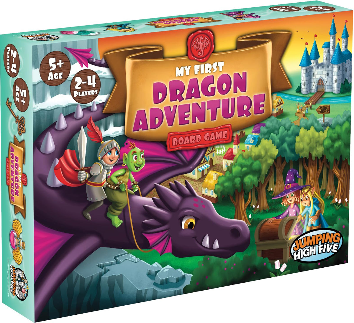 Jumping High Five Dragon Adventure cover with vibrant fantasy art for family game night