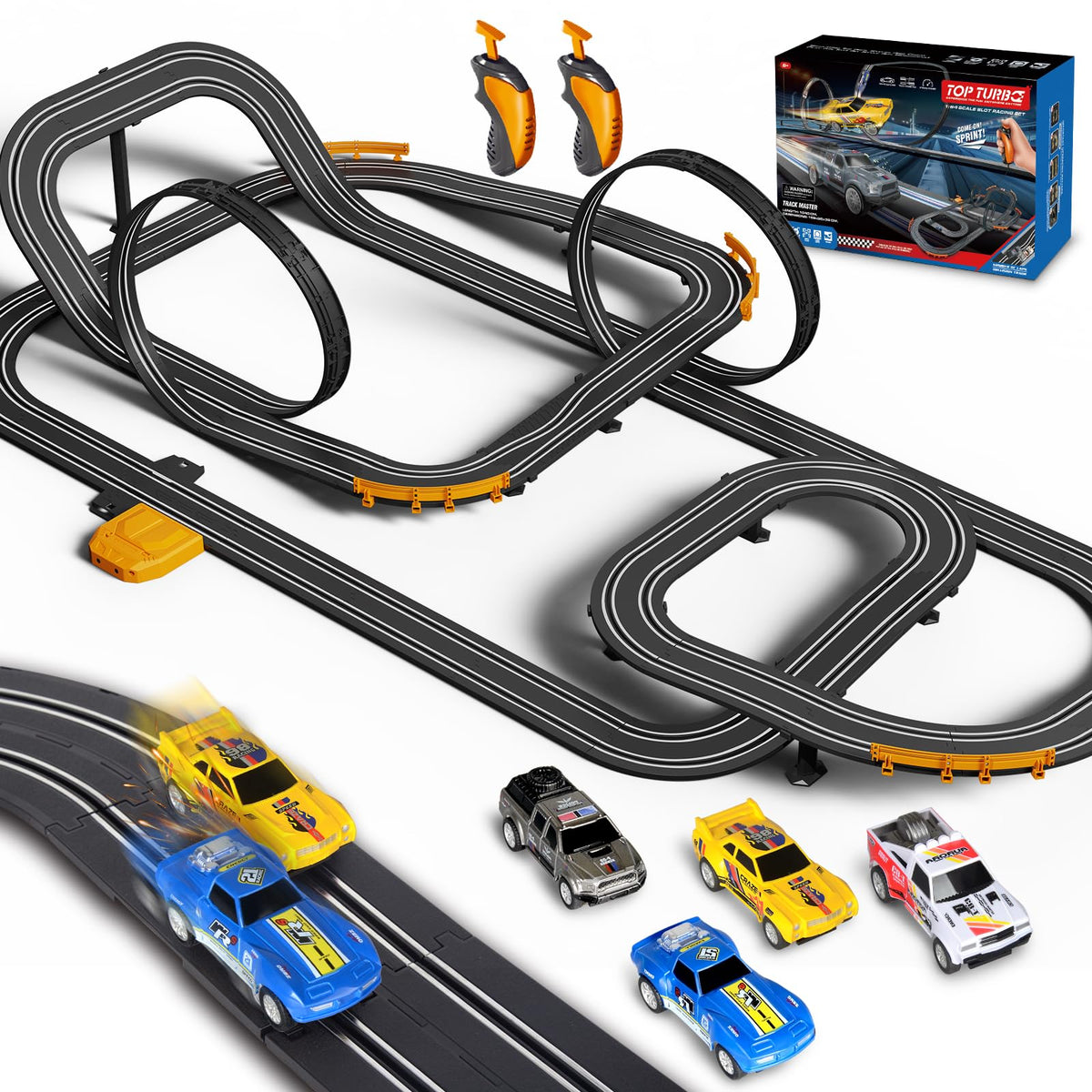 Jumplanma Slot Car Track with four cars ready for family racing.