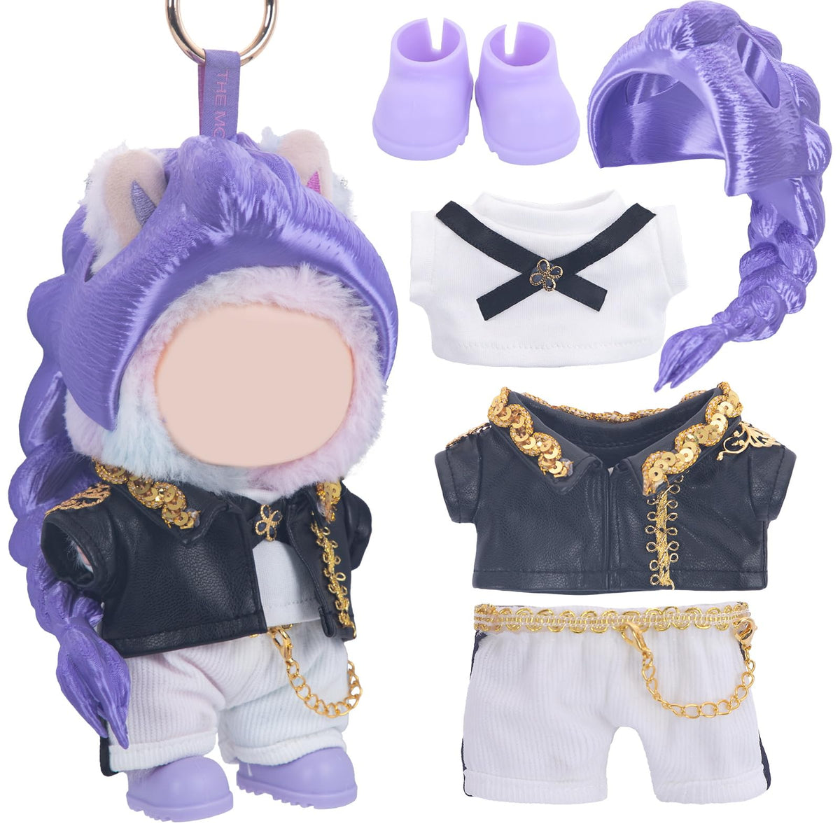 Jun-iqute Labubu outfit set featuring a purple wig for 17cm dolls, ideal for display and play.