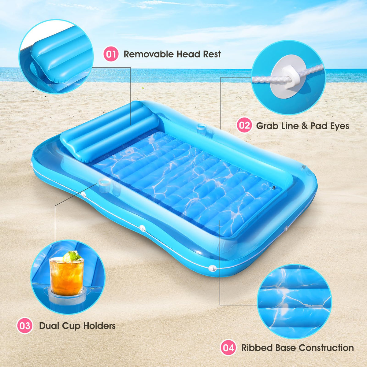 Junbig heavy-duty PVC 0.3 mm surface provides durable, cooling lounging