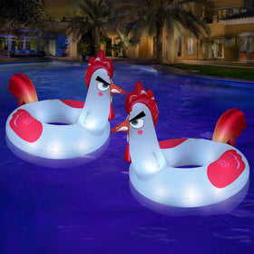 Junbig inflatable chicken pool float with solar lights, side view in bright colors.