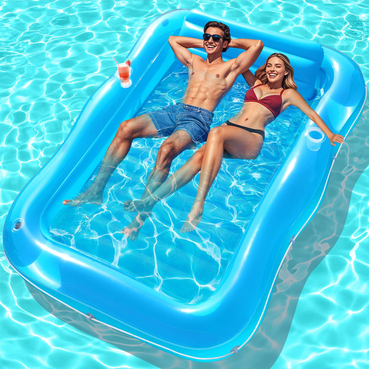 Junbig inflatable tanning pool for two in backyard, spacious lounging for sunbathing