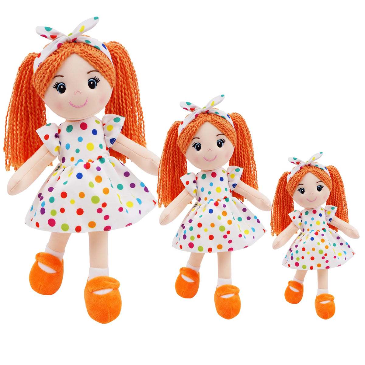 June Garden Bella hair with orange curls provides a soft texture for comforting hugs.