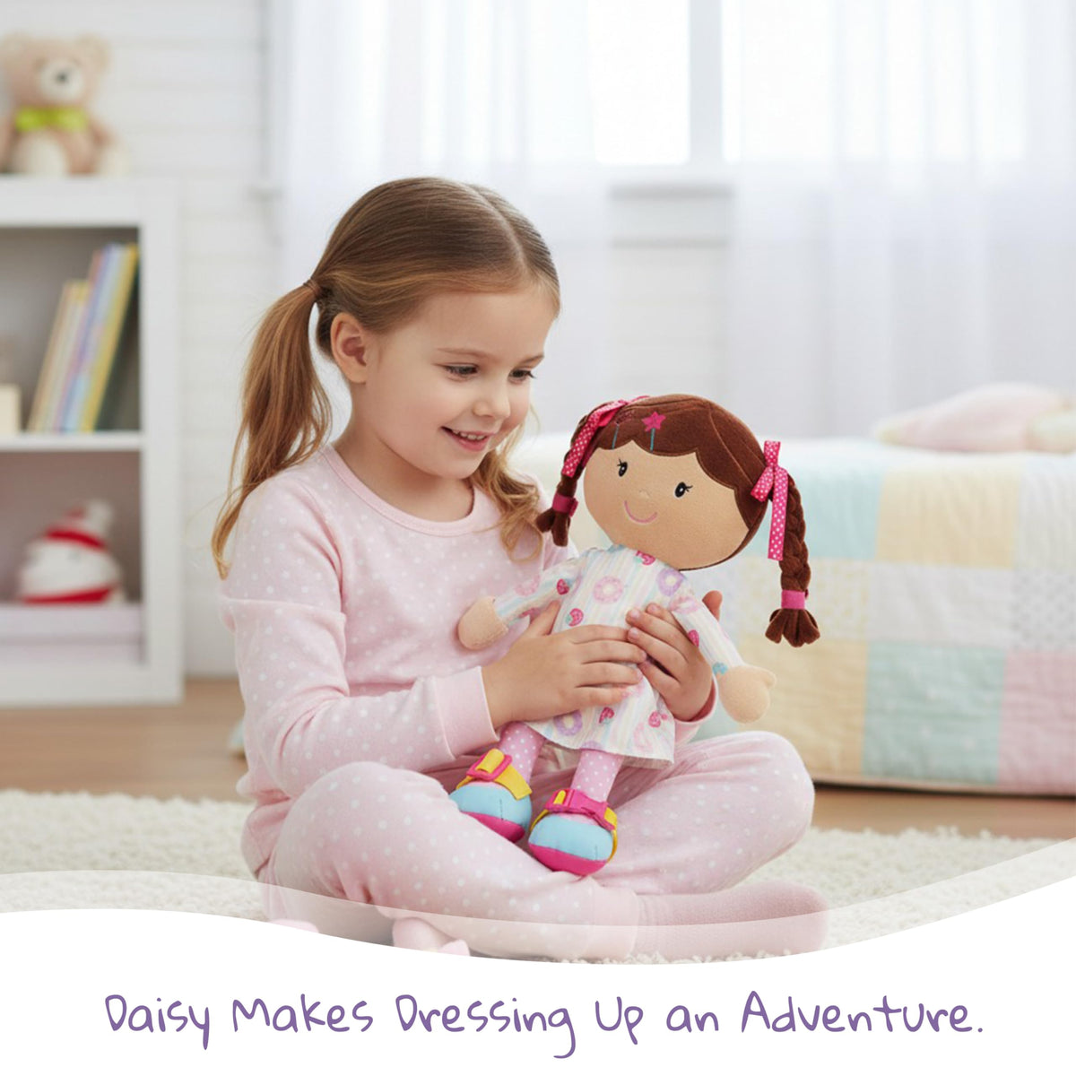 June Garden Dressy Friends Daisy comes with a carry clip for learning on the go
