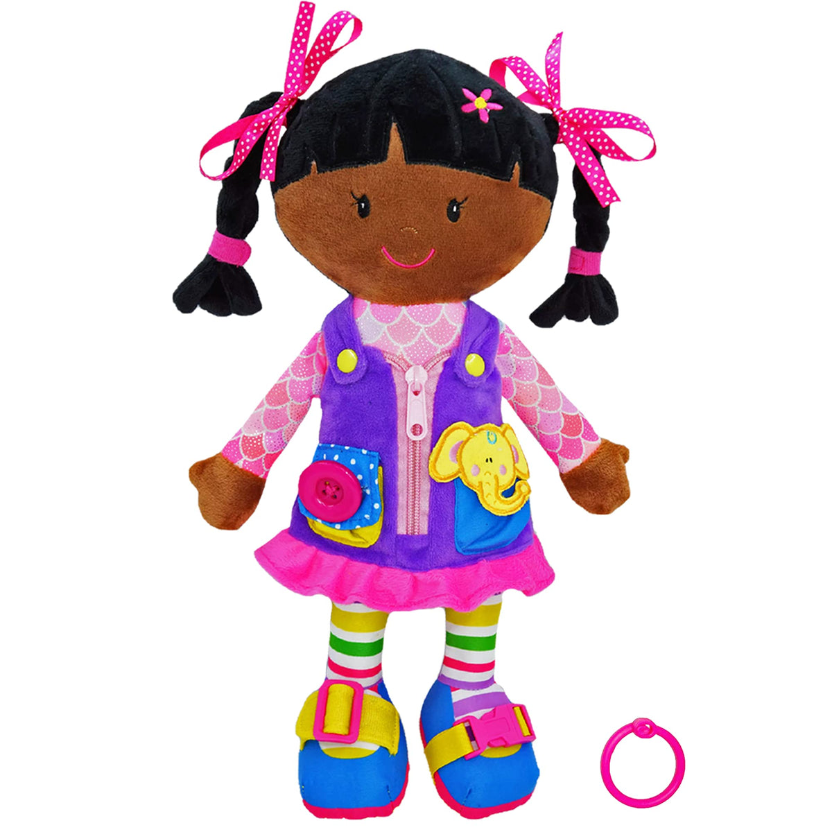 June Garden Dressy Friends Scarlett buckle doll engages fine motor practice with buckles