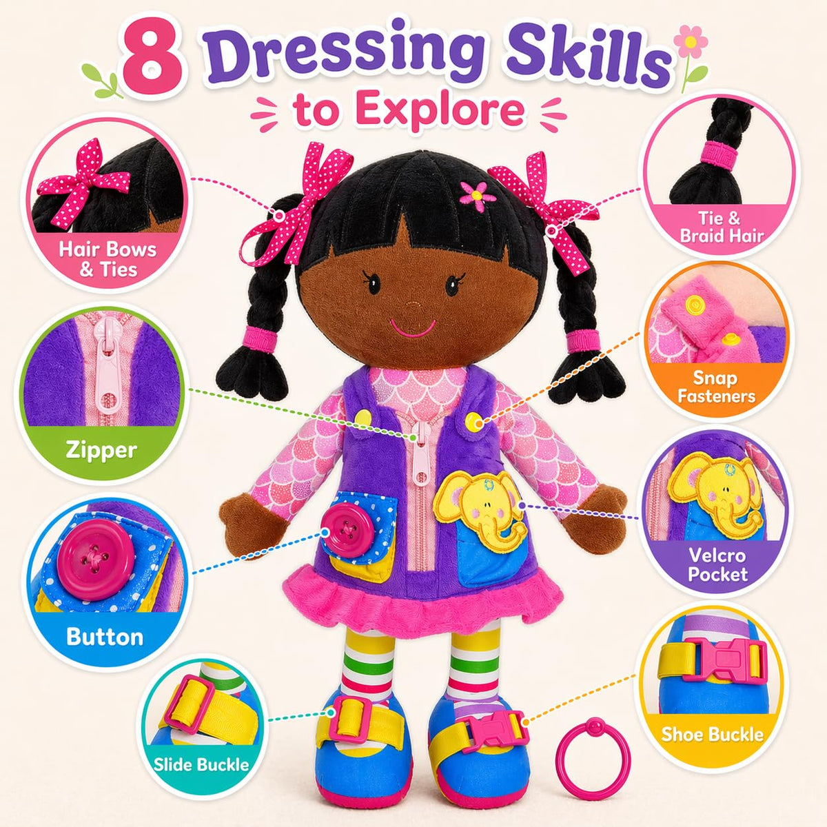 June Garden Dressy Friends Scarlett zipper activity for on-the-go practice