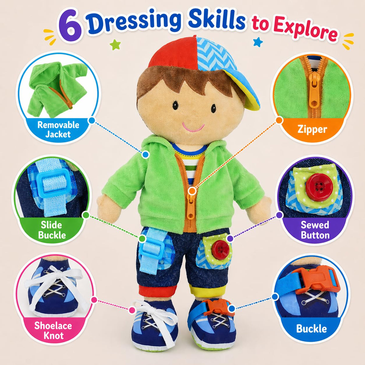 June Garden Dressy Friends Terry buckle-clip shows easy dressing activity.