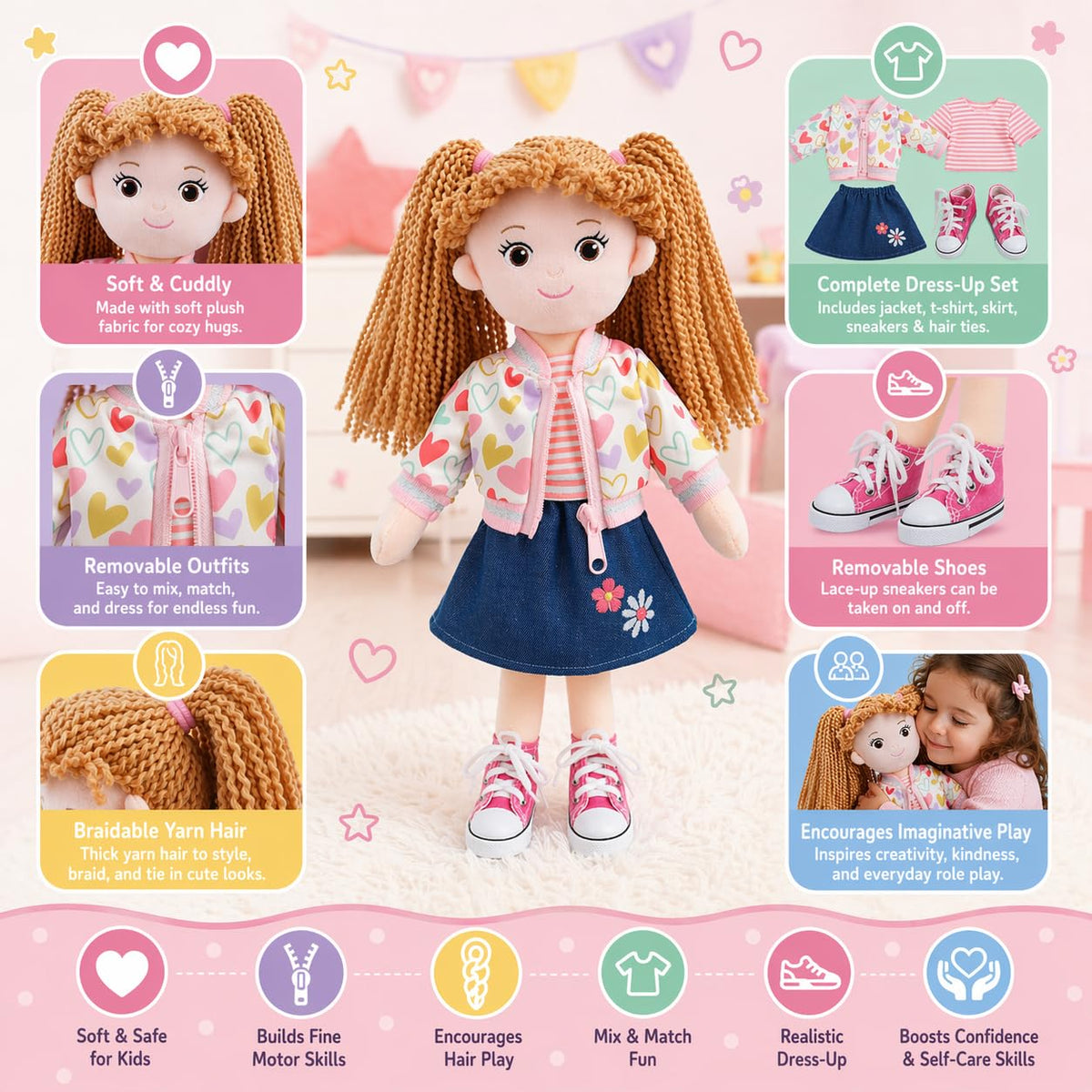 June Garden Gracie removable clothes and shoes enable dress-up practice and creative styling.