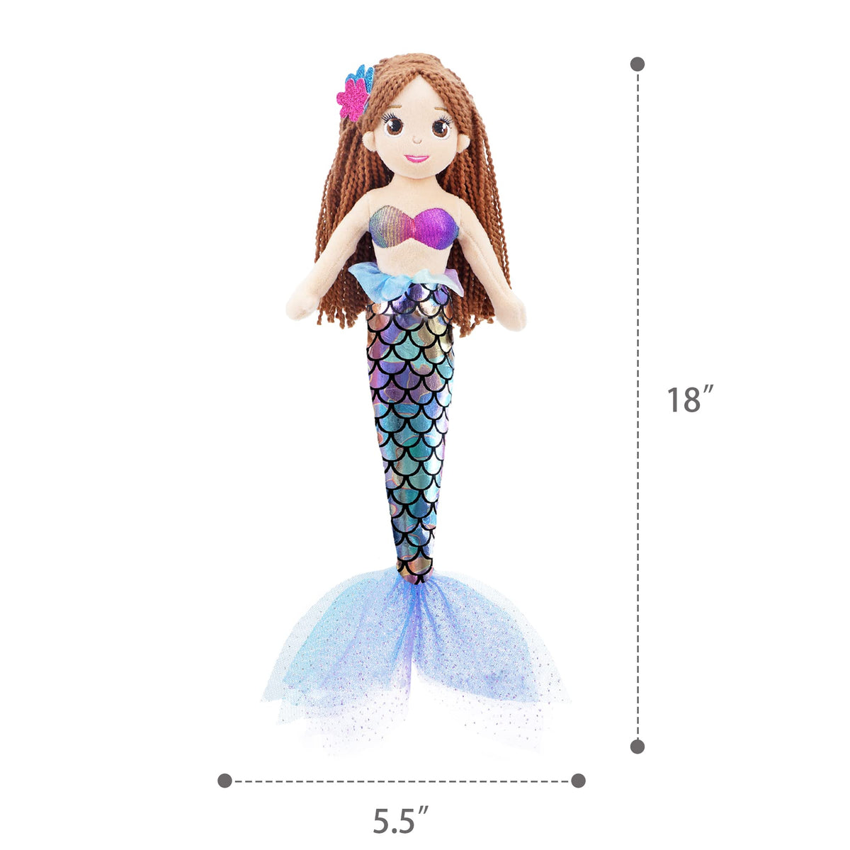 June Garden Mermaid Tifara blue tail scales shimmer in light.