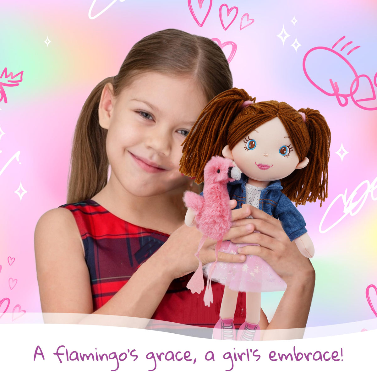 June Garden Mia with pigtails, a stylish companion for imaginative storytelling.