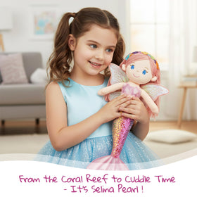 June Garden Selina Pearl mermaid doll in soft plush, ideal for toddler cuddle time.