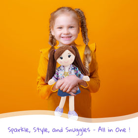 Sophie Glam 18in doll in denim skirt with flower embellishments for playful styling.