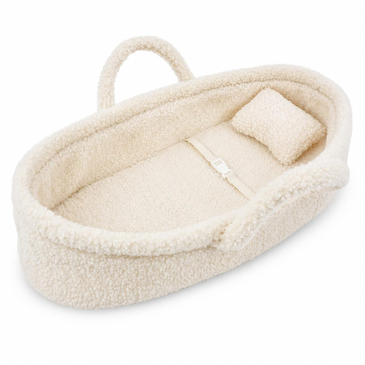 June Garden Cozy Dream Doll Bassinet front view, plush fur comforts dolls