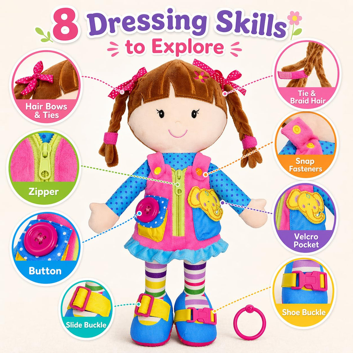 June Garden Dressy Friends Belle zipping action encourages hands-on play