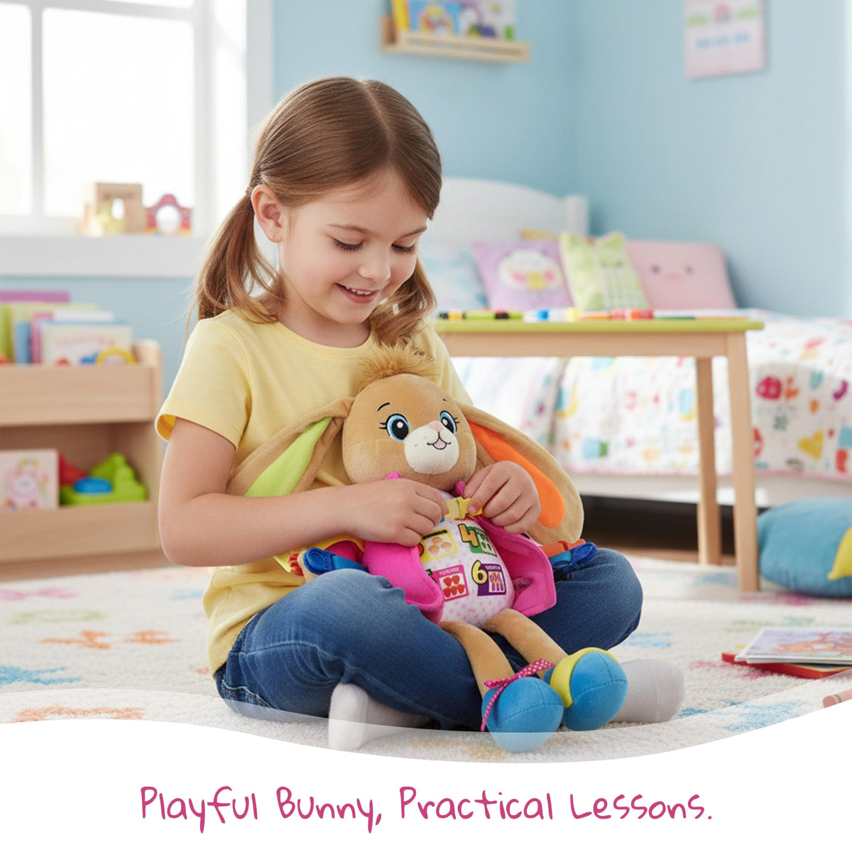 June Garden Dressy Friends Bunnie zipper play enhances hand coordination and focus