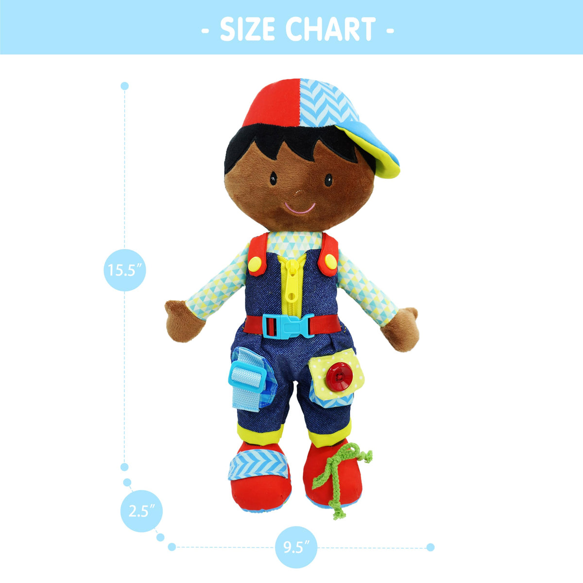 June Garden Dressy Friends Isaiah 15.5-inch plush for cuddling and practice.