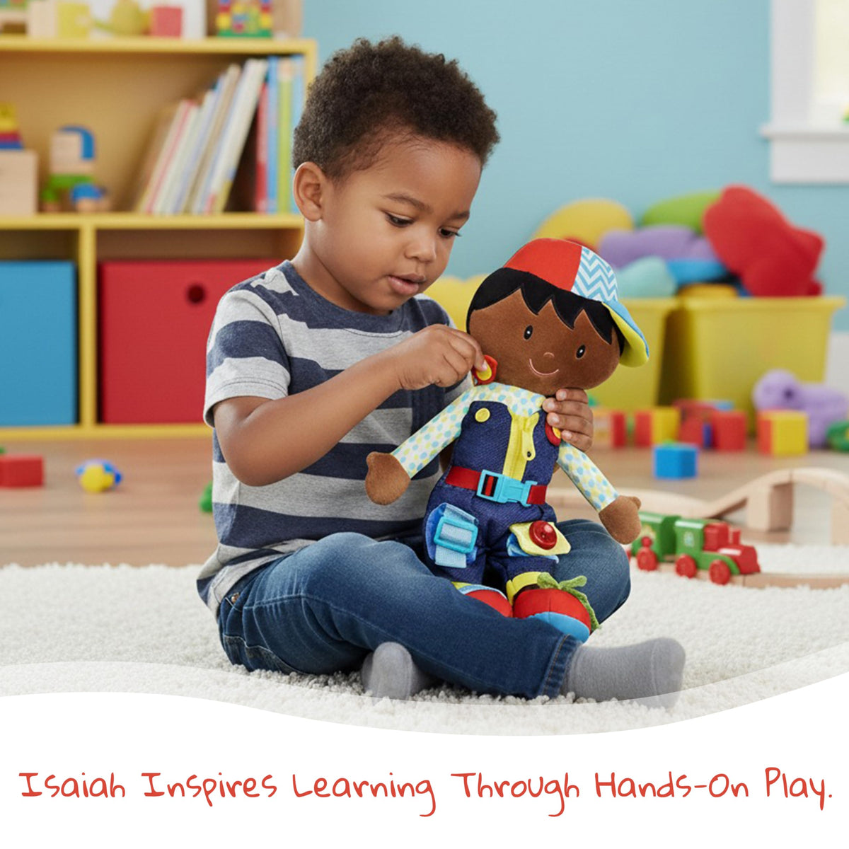 June Garden Dressy Friends Isaiah shows buttons and ties for fine motor play.