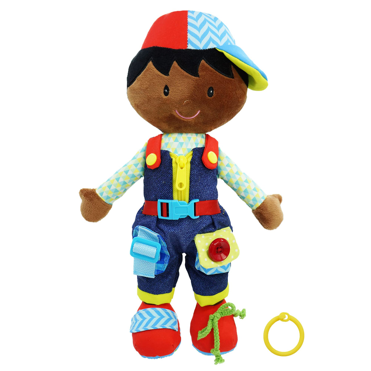 June Garden Dressy Friends Isaiah doll demonstrates snap and buckle practice for toddlers.