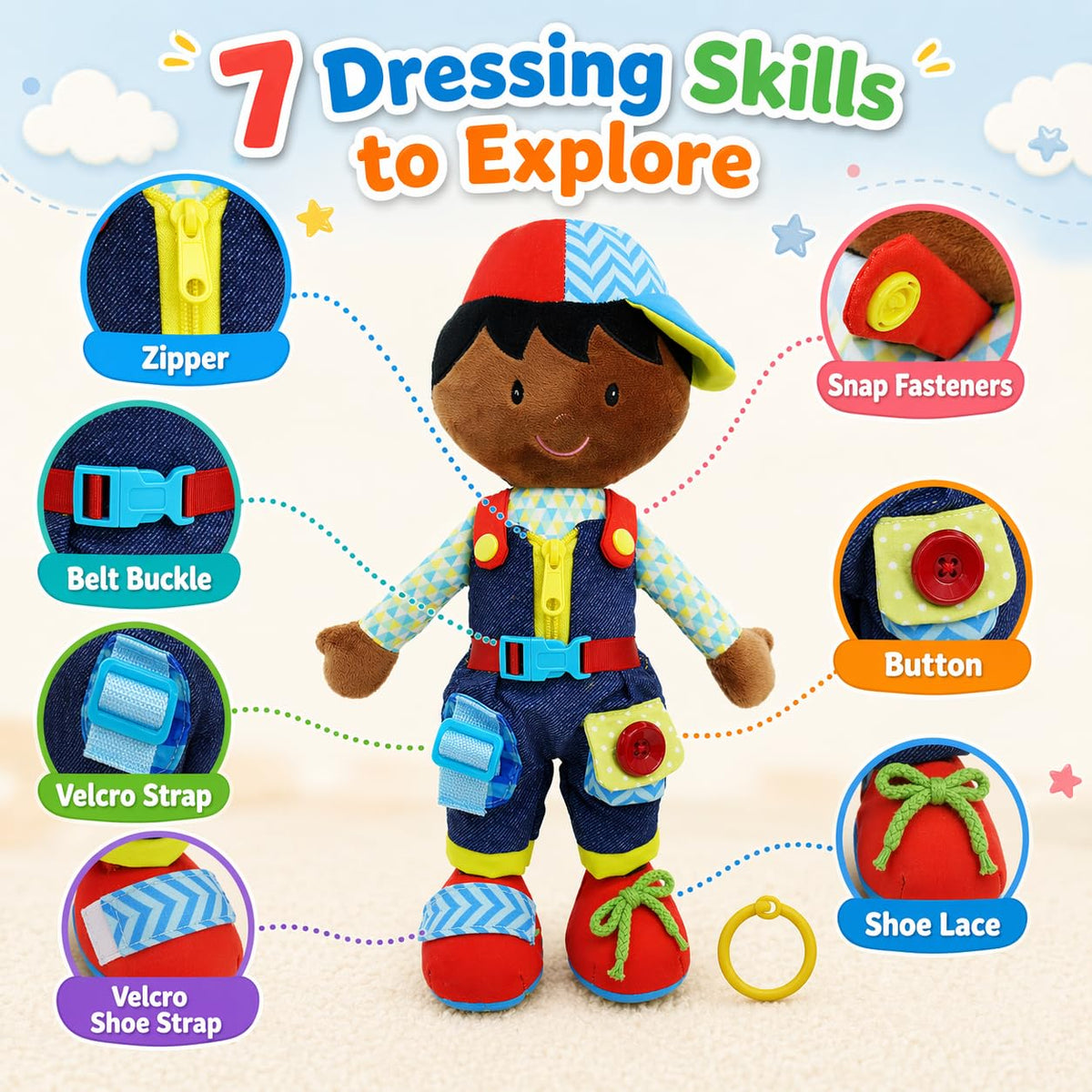 June Garden Dressy Friends Isaiah close-up highlights zipper and pull-to-close activity.