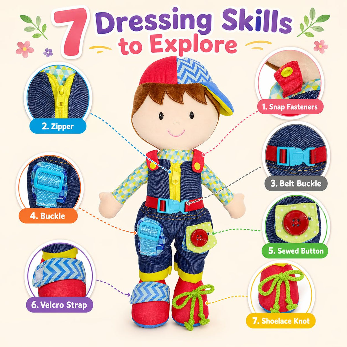 June Garden Dressy Friends Lucas buckle-closure encourages fine motor practice during pretend dressing.