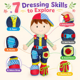 June Garden Dressy Friends Lucas buckle-closure encourages fine motor practice during pretend dressing.
