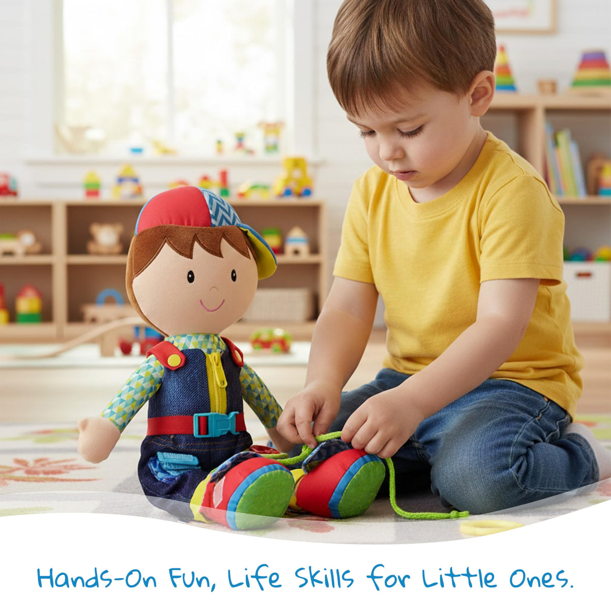 June Garden Dressy Friends Lucas buttoning activity builds dexterity.