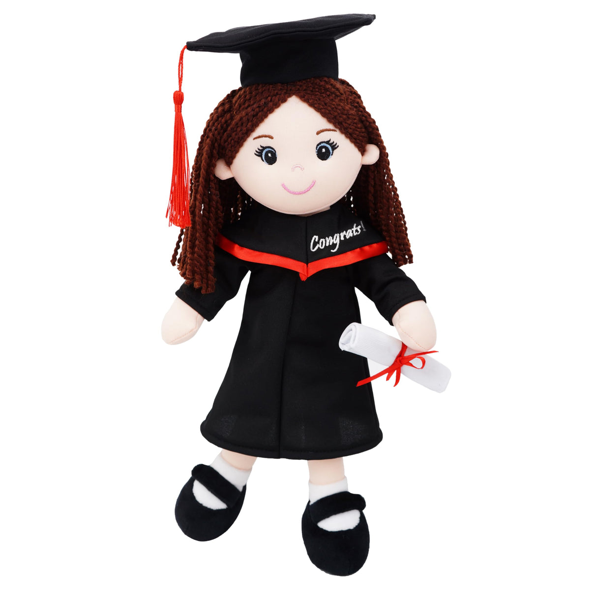 June Garden Snuggle Cuties girl doll in cap and gown for graduation keepsake.